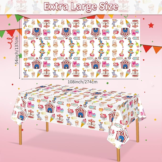 2 Pack Circus Carnival Theme Tablecloth 54 x 108 Inch Disposable Plastic Waterproof Table Cloths Circus Theme Party Decorations Tablecover for Carnival Night Movie Happy Birthday Party Supply