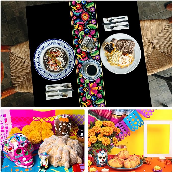 Oudain 12 Pcs Fiesta Tablecloth 108 x 54 Inch Plastic Tablecover Mexican Waterproof Tablecloth Disposable Table Cover for Taco Night Festive Mexican Fiesta Wedding Party Decoration (Black)