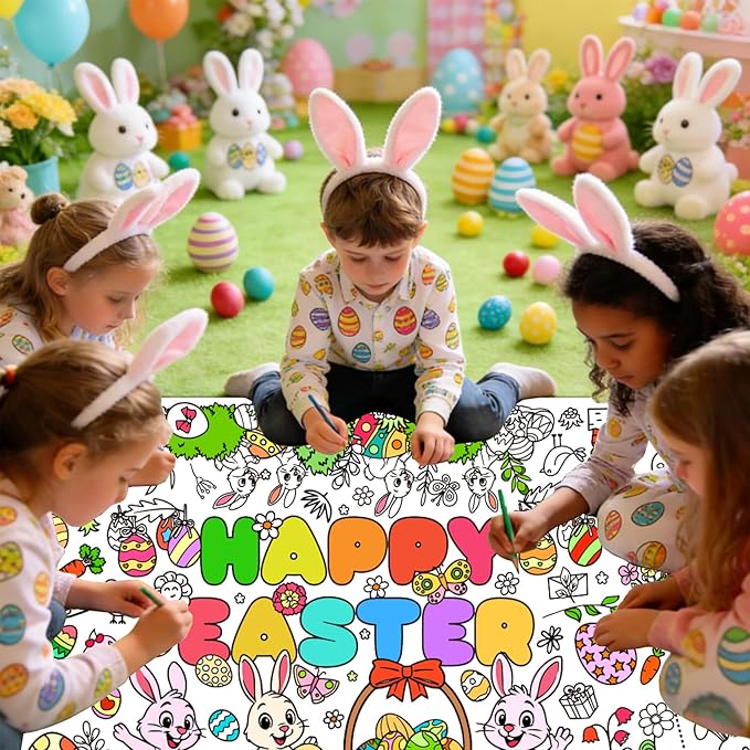 3 PCS Easter Coloring Tablecloth, Easter Crafts for Kids, 72" x 30" Giant Paper Coloring Table Cloth Banner for Gifts Activities, Fun DIY Art Easter Decorations Supplies for Family School Party Games