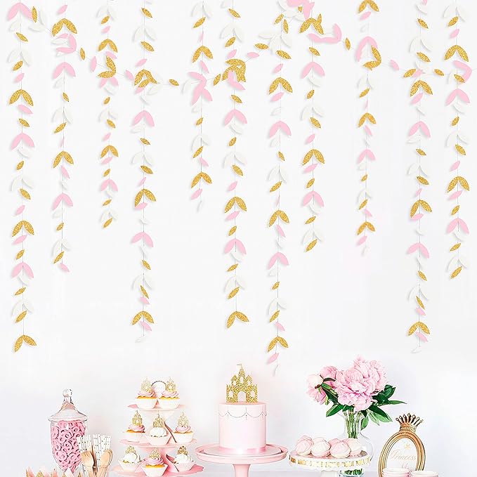 52 Ft Pink and Gold Party Decorations White Blush Gold Leaf Garland Paper Hanging Leaves Streamer Banner for Birthday Bachelorette Engagement Anniversary Wedding Bridal Baby Shower Hen Party Supplies