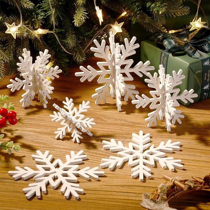 Bucherry 12 Pcs Wooden Snowflake Table Decor 3D Snowflake Tabletop Signs and Centerpiece for Christmas Xmas Winter Wonderland Decorations Home Party(White)