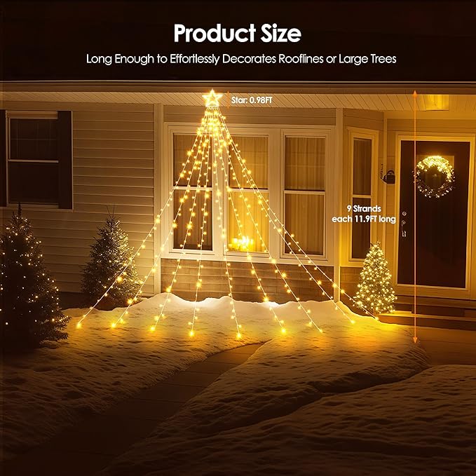 WBao 344 LED Christmas Lights Outdoor Decorations with 12" Star Topper, 11.9ft Waterfall Christmas Lights, Remote Control 8 Modes, Timer, UL Listed Waterproof for Tree Roof Porch Decor, Warm White
