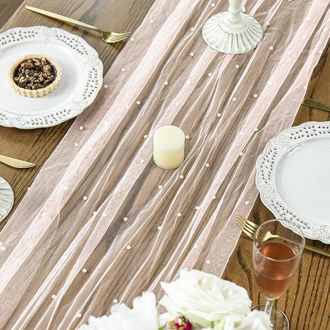 Artoid Mode 10PCS Pearl Pink Gauze Table Runner 120 Inch 10FT, Seasonal Sheer Dining Holiday Wedding Birthday Baby Shower Table Decor for Home Party