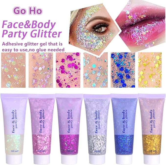 Go Ho Pink and White Body Glitter Set,Singer Concerts Face Glitter Gel Makeup,Holographic Long Lasting Chunky Sequins Glitters for Eye Lip Hair Nails,Festival Rave Accessories,White&Pink