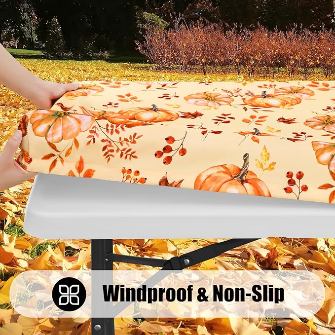 Smiry 2 Pack Rectangle Thanksgiving Table Cloth, Waterproof Elastic Fitted Tablecloths, Washable Polyester Rectangular Patio Table Cover for Autumn Harvest Parties (Pumpkin Leaf, 30"x48")