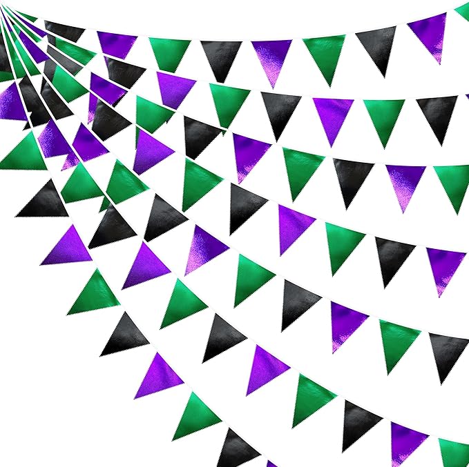 Black Purple Green Party Decorations Metallic Fabric Triangle Pennant Banner Flag Bunting for Boys Men Birthday Graduations Wedding Bachelorette Retirement Video Game Level Up Theme Party Supplies