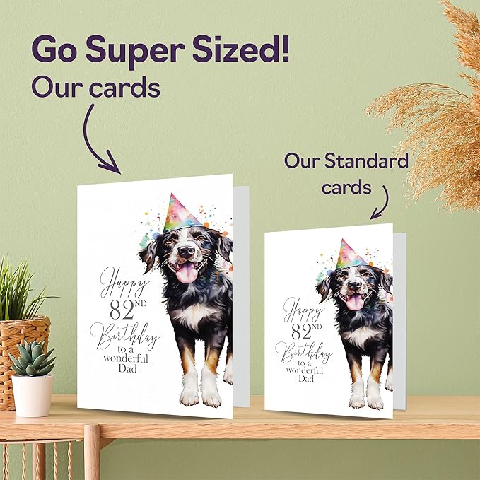 82nd Birthday Cards for Dad - Party Dog - Happy Birthday Card for 82 Year Old Dad from Daughter Son, 5x7 Inch Bday Man Men Him Greeting Cards Gift for Dad Birthday Gifts