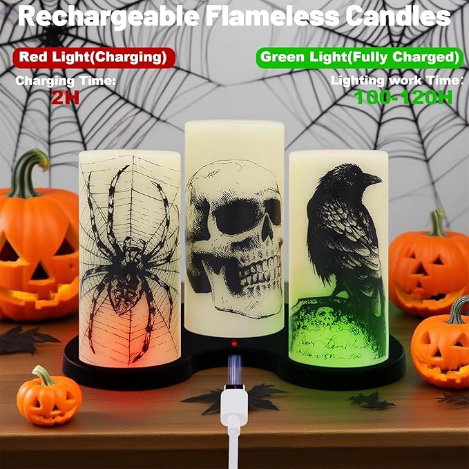 Eldnacele Halloween Flameless Candles with Skull,Spider Web, Crow Raven Decal, Rechargeable Battery Operated Cycle Timer Halloween Themed LED Real Wax Ivory Candles Spooky Decor(3pcs,D3×H6)