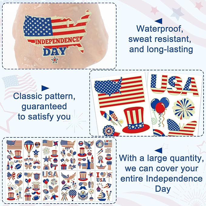 106 Packs 4th of July Decorations, 4th of July Glow in the Dark Tattoos, Multiple Styles Fourth of July Tattoos, Red White and Blue Decor Suitable for Patriotic Accessories Independence Day Supplies