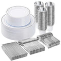 BESTVIP 300PCS Plastic Dinnerware Set (50 Guests), Silver Disposable Plates for Party, Wedding, Christmas, Anniversary, Includes: Dinner Plates, Dessert Plates, Cups, Spoons, Forks and Knives