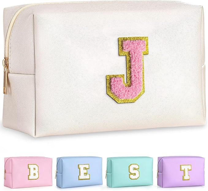 TOPEAST Birthday Gifts for Girls, Travel Makeup Bag Chenille Letter Pouch Cosmetic Bag, Makeup Travel Organizer, Monogrammed Bridesmaid Gifts for Women, Cute Stuff for Girls (Pearly White J)
