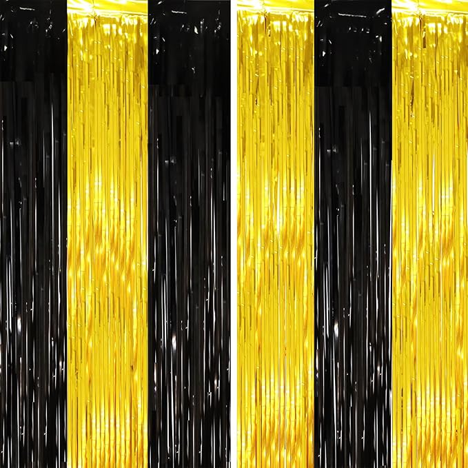 2 Pack Black and Gold Tinsel Foil Fringe Curtains, Black and Gold Party Decorations, Metallic Tinsel Party Streamers Backdrop for 2025 New Years Graduation Prom Party Decorations