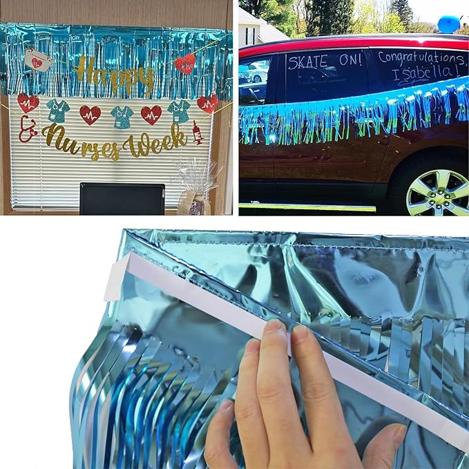 Thick 10 Feet by 15 Inch Turquoise Foil Fringe Garland - Pack of 3 | Shiny Metallic Tinsel Banner for Parade Floats, Bridal Shower, Wedding, Birthday, Christmas | Wall Hanging Drapes (3)