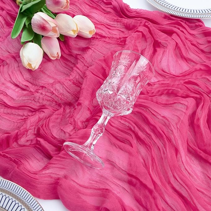 FEXIA 3 Pack Rose Red Table Runner 35x120 Inches for Baby Shower Decoration Gauze Rustic Table Runner for Wedding Party First Communion Centerpiece Engagement Bridal Shower Boho Decoration