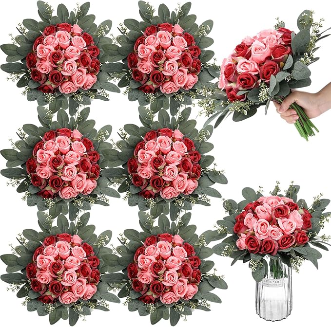 Zeyune 12 Bunches Wedding Bridesmaids Bouquets 144 Heads 7 Inch Artificial Rose Bouquets Silk Fake Flower Bulk with Stems for Valentine's Day Wedding Bridal Shower Home Party Decor(Rose Red)