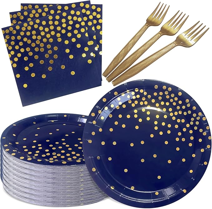 Serve 35 Guests Navy Blue and Gold Party Supplies,7 Inch Blue and Gold Paper Plates and Napkins for Birthday Wedding Retirements Graduation Party