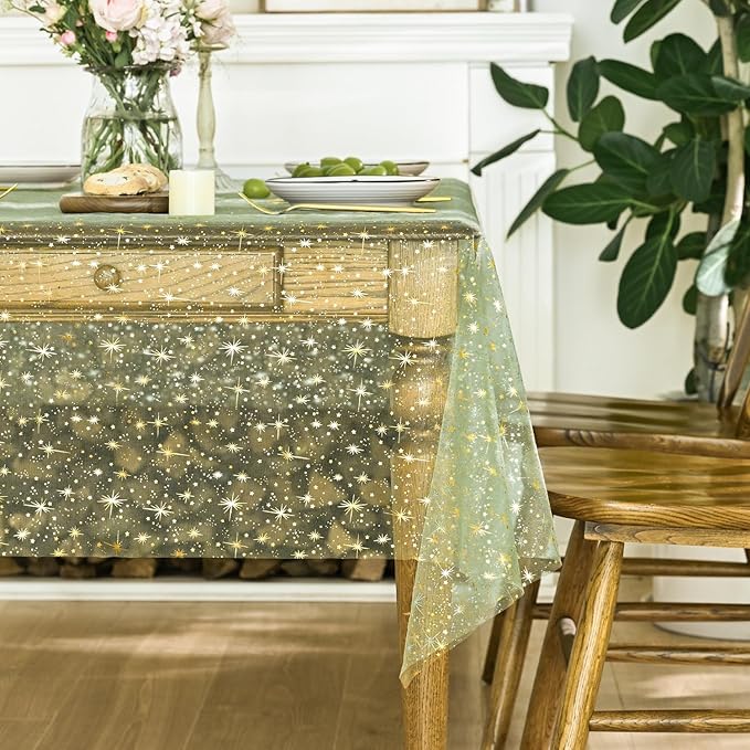 Horaldaily Sage Green Gold Sparkling Star Gauze Tablecloth 60x104 Inch Rectangular, Golden Star Sequin Glitter Metallic Foil, Sheer Tulle Cheesecloth for Wedding Baby Shower Party