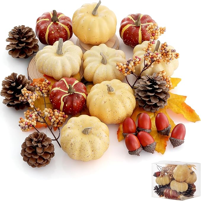 Artgar Pumpkin Decor Set, 23 PCS Fall Harvest Decorations Including Mini Pumpkins, Acorns, Pinecones, Berries, Maple Leaves for Home Table Wedding DIY Fall Halloween Thanksgiving Decor