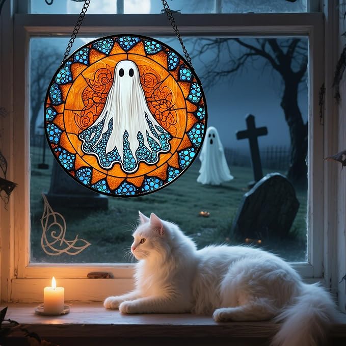 Stained Glass Window Hanging - Halloween Decorations White Ghost Suncatcher for Doors Garden Indoor Spooky Funny Blue Sun Catchers Gothic Decor Horror Gifts for Women Men Friend 7.8 in