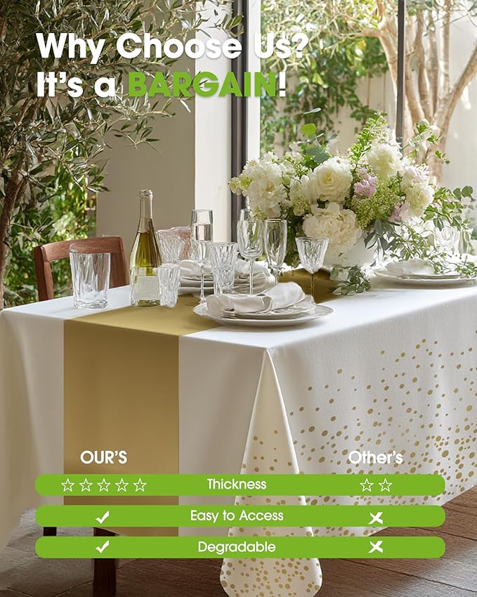 Pureegg Plastic Table Cloth Disposable 8 Pack, 54 x 108 Inch, Table Runner Style, Graduation Decorations 2026, Party Tablecloths, Rectangle, Plastic Cover, Leakproof & Sturdy, White Gold