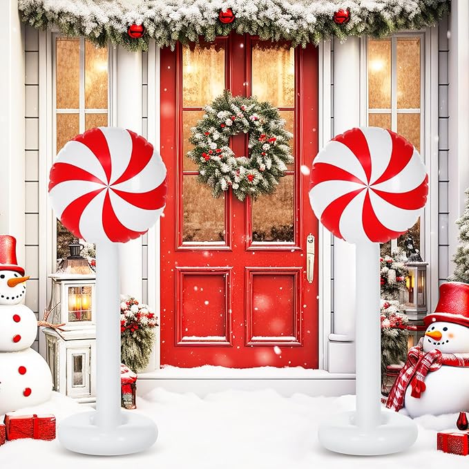 2 Pcs Christmas Inflatable Outdoor Decorations 4 FT Christmas Candy Inflatable Column Decoration for Winter Xmas Lawn Yard Garden Home Decor