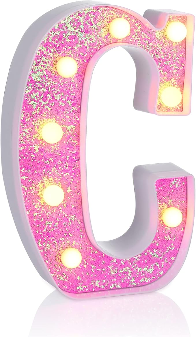 Foaky Pink Light up Letters，Pink Party Decorations,Girls Room Decor,Glitter Light Up Letters,Alphabet Letter Sign for Night Light Birthday Party Girls Gifts, Home Bar Decoration（C）