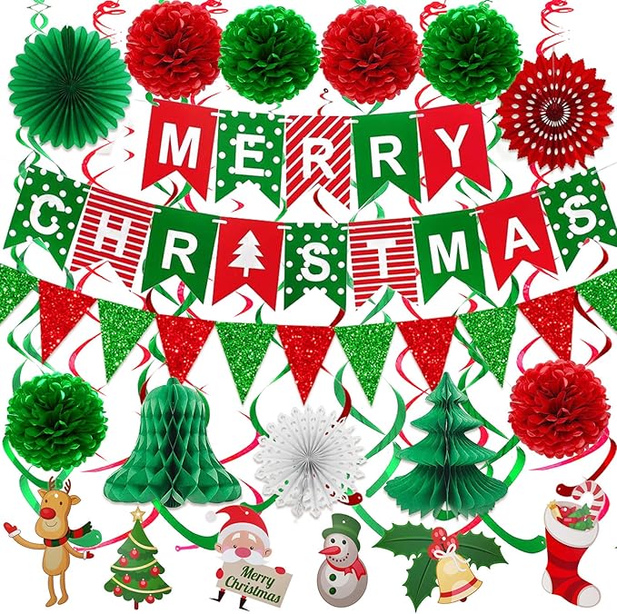 Fecedy MERRY CHRISTMAS Hanging Paper Banner Pom poms Paper flower Fan Swirl Streamers&Christmas tree Santa Claus Banner For Merry Christmas Party Decorations