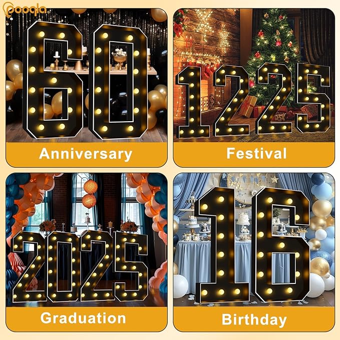 Pooqla 4 FT Light Up Marquee Numbers, Black Marquee Number Lights 4 Feet Tall for 8th 18th 80th Birthday, Giant Letter Big Mosaic Numbers for Balloons Party Anniversary Wedding Decorations, Number 8