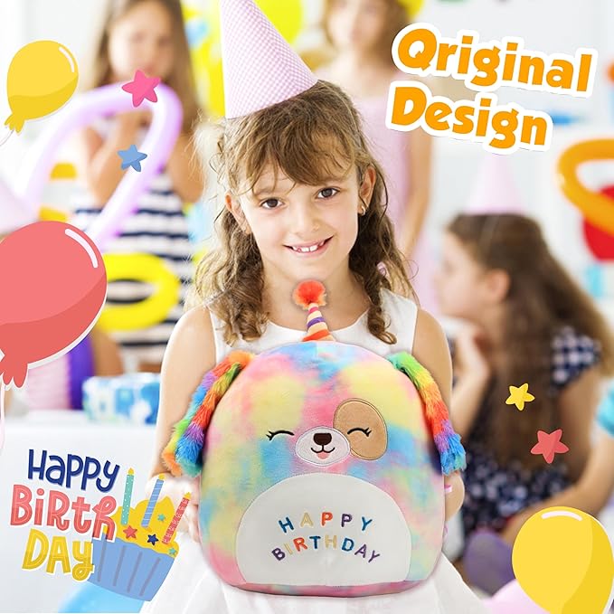Easfan 12'' Original Rainbow Birthday Dog Plush Pillow Soft Puppy Plush Toy Cute Dog Stuffed Animal Birthday Gifts for Kids Toddlers