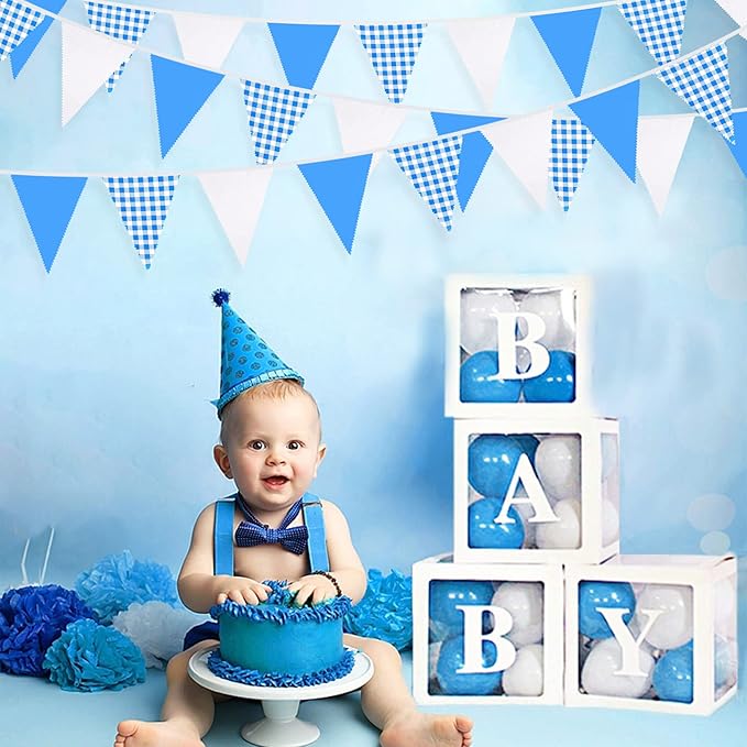32Ft Blue Party Decorations Blue Buffalo Plaid Checkered White Triangle Flag Gingham Pennant Bunting Fabric Garland for Picnic Racing Car BBQ Birthday Wedding Carnival Party Outdoor Home Garden Decor