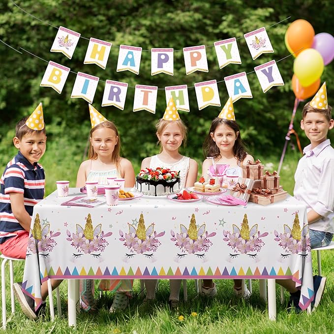 Unicorn Birthday Decorations for Girls, 170 Pcs Unicorn Party Decorations Including Banner, Plates, Cups, Napkins, Cutlery and Tablecloths, Serves 24