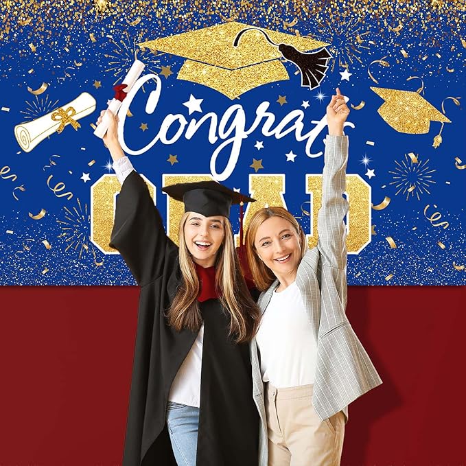 Graduation Party Decorations - Blue Gold Congrats Grad Class of 2026 Backdrop Banner Large Sign Wall Decorations Photography Background Party Supplies for 2026 Graduation Party Decorations