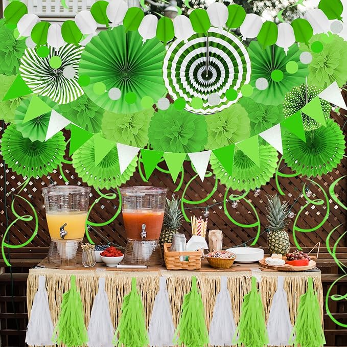 ZERODECO Party Decorations, 41 Pcs Green Papar Fans Pompoms Garlands String Tissue Paper Tassel for Fiesta Home Bridal Baby Shower Wedding Boy Girl Birthday Party