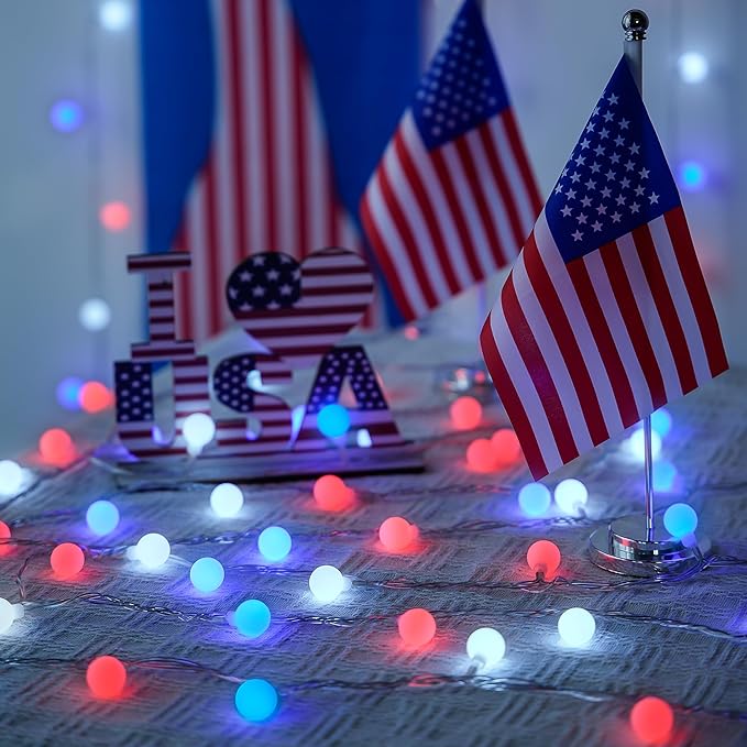 JMEXSUSS Connectable Red White and Blue Lights Indoor Outdoor, 100 LED 33ft 4th of July Decorations Light Plug in, 8 Modes Globe String Lights with Remote for Independence Day Party Patriotic Decor