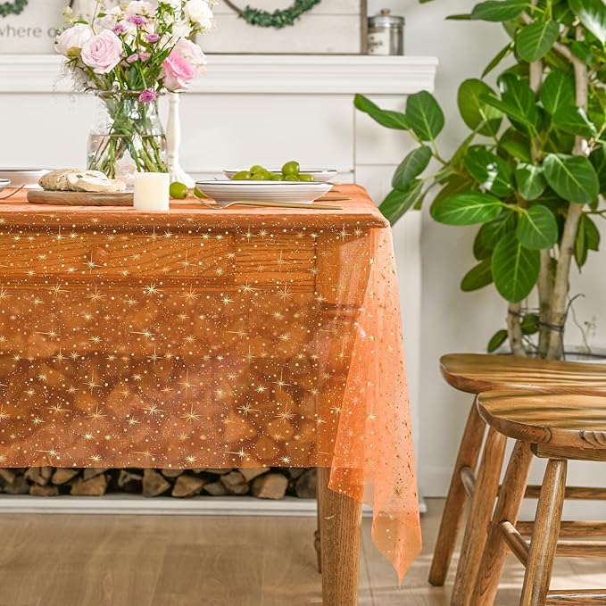 Horaldaily Orange Gold Sparkling Star Gauze Tablecloth 60x84 Inch Rectangular, Golden Star Sequin Glitter Metallic Foil, Sheer Tulle Cheesecloth for Wedding Baby Shower Party