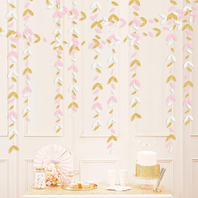 52 Ft Pink and Gold Party Decorations White Blush Gold Leaf Garland Paper Hanging Leaves Streamer Banner for Birthday Bachelorette Engagement Anniversary Wedding Bridal Baby Shower Hen Party Supplies