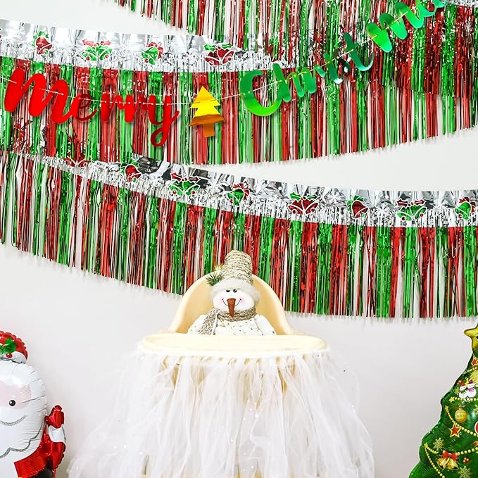 Mega-L Christmas Decorations 2Packs 39Feet Foil Fringe Garland Tinsel Streamers, Red Sliver and Green Jingling Bell Metallic Hanging Backdrop Banner Table Skirts for Parade Floats Golf Cart Holiday
