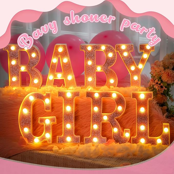Set of 8 Pink Baby Shower Decoration for Girl Baby LED Letters Party Supplies Light up Letter Battery Operated Letter for Table Centerpieces Wedding Valentines Day Decoration(8.7 Inch)