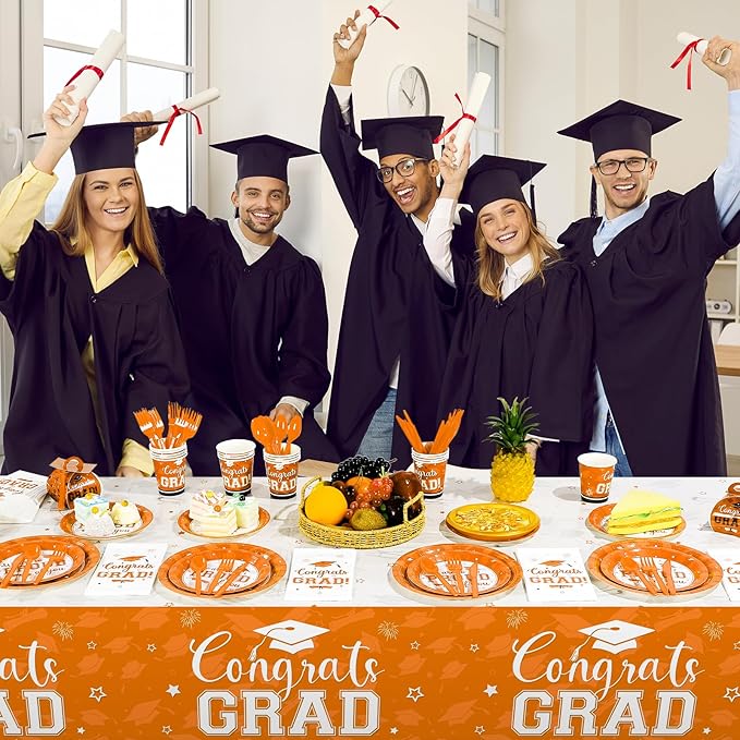Graduation Party Supplies Congrats Grad Plates and Napkins Set Disposable Tableware Paper Plates Napkins Cups Knives Spoons Forks Straw for Class of 2025 Graduation Party Decorations Serve100 (Orange)