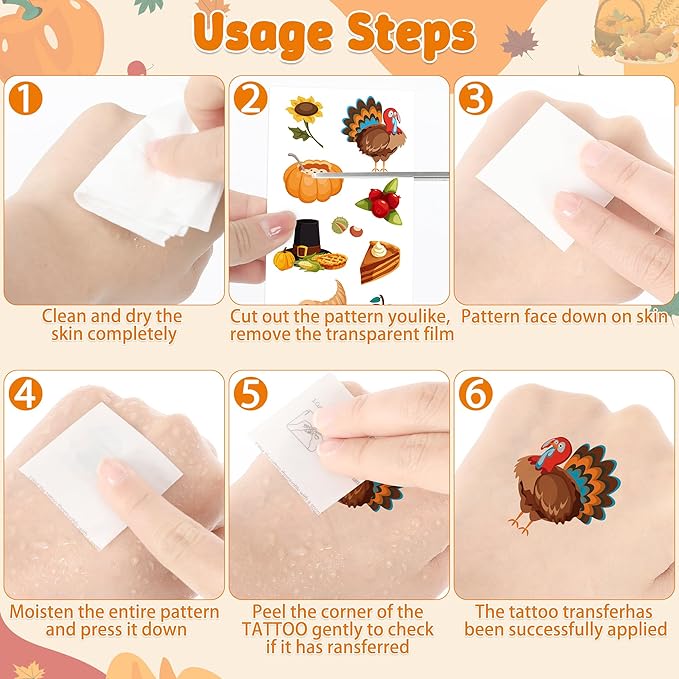 117PCS Thanksgiving Temporary Tattoos for Kids, 9 Sheets Thanksgiving Stickers Turkey Pumpkin Leaves Nuts Patterns, Fall Tattoos Stickers for Harvest Gathering Party Favors Accessories Decorations