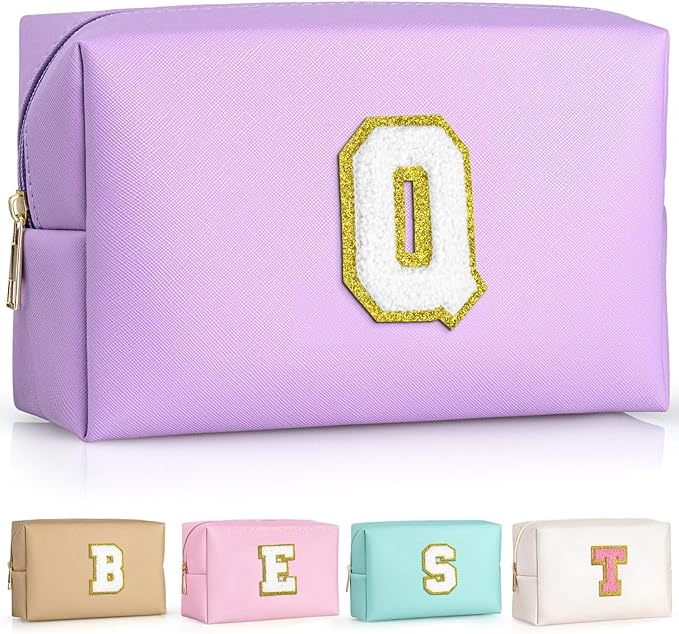 TOPEAST Initial Makeup Bag for Travel, Chenille Letter Pouch Cosmetic Bag, PU Leather Waterproof Toiletry Bag, Personalized Gifts for Bride Bridemaids, Cute Things for Girls (Purple Q)