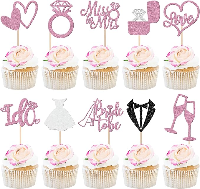 30 PCS Bride to Be Cupcake Toppers Glitter Miss to Mrs I Do Love Heart Ring Cupcake Picks Wedding Bridal Shower Cake Decorations for Wedding Engagement Bachelorette Party Supplies Purple