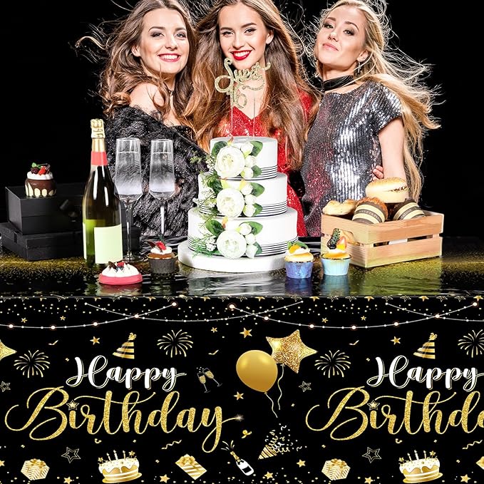 Tudomro 6 Pcs Happy Birthday Tablecloths Happy Birthday Party Decorations Plastic Table Cover Rectangular Cloths for Women Men Baby Shower Party Supplies, 108 x 54 Inch (Black Gold)