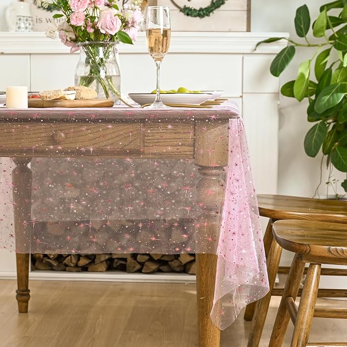 Horaldaily Pink Gold Sparkling Star Gauze Tablecloth 60x140 Inch Rectangular, Pink Star Sequin Glitter Metallic Foil, Sheer Tulle Cheesecloth for Wedding Baby Shower Party