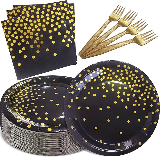 Serves 35 Guests Black and Gold Plates and Napkins Party Supplies,7" Black Paper Plates and Napkins,Disposable Party Dinnerware for Birthday Wedding,Graduation
