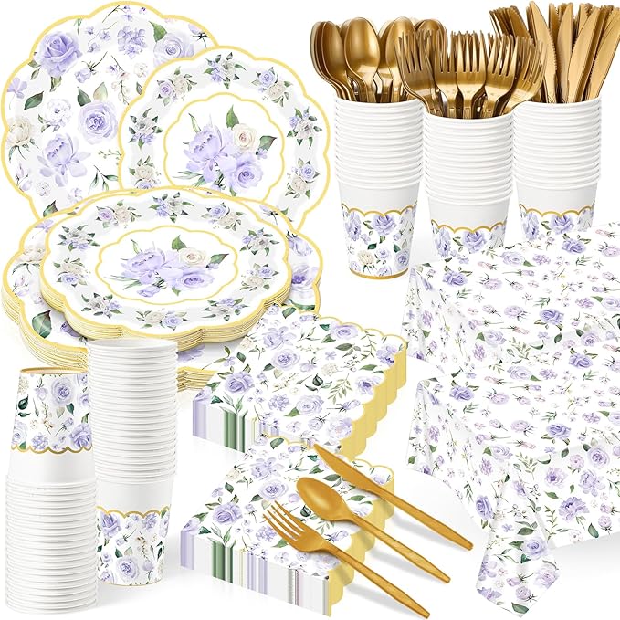 Pickmesh 194 Pcs Purple Floral Party Supplies for 24 Guests, Spring Floral Paper Plates and Napkins Cups Tablecloth Cutlery for Women Birthday Tea Bridal Shower Garden Party Supplies