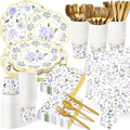 Pickmesh 194 Pcs Purple Floral Party Supplies for 24 Guests, Spring Floral Paper Plates and Napkins Cups Tablecloth Cutlery for Women Birthday Tea Bridal Shower Garden Party Supplies