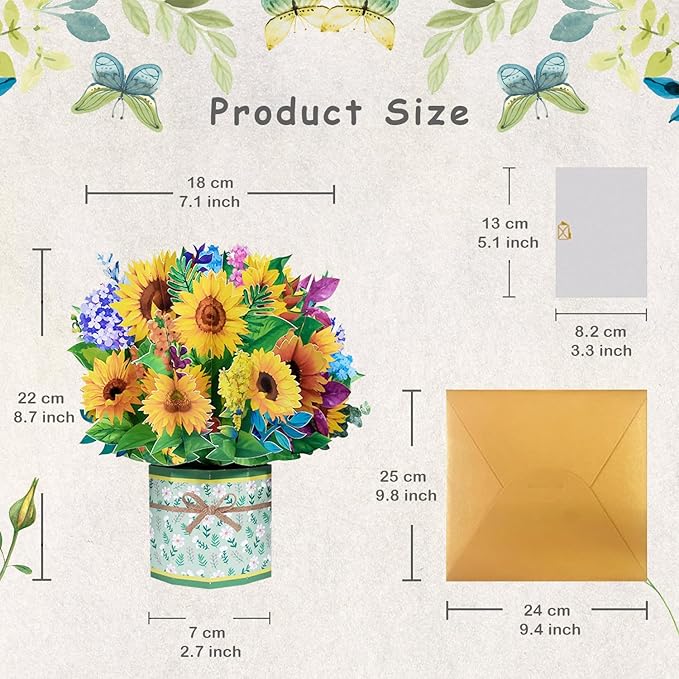 Sunflower Bouquet Pop Up Card, 3D Flower Greeting Card with Envelopes for Any Occasion, Birthday, Mother's Day, Anniversary, Valentines Day, Handmade Gifts, Foldable Flower Cards for Friends