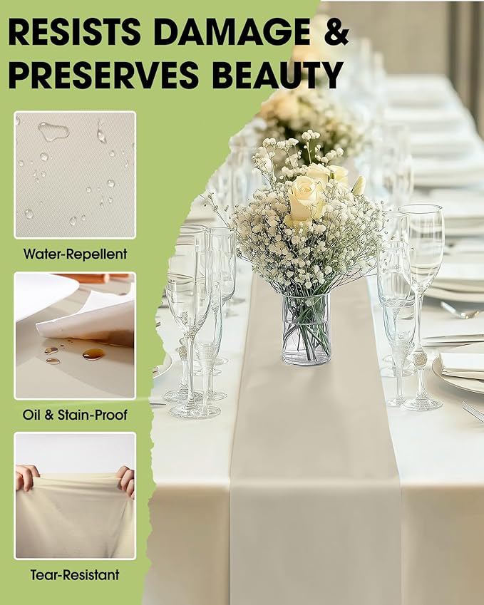 Pureegg Ivory Plastic Table Runners - 10 Pack, 14'' x 108'', Water Resistant & Disposable Cream Centerpiece Decorations for Table Cloth, Wedding, Birthday, Holiday, Baby Shower, Beige Home Decor