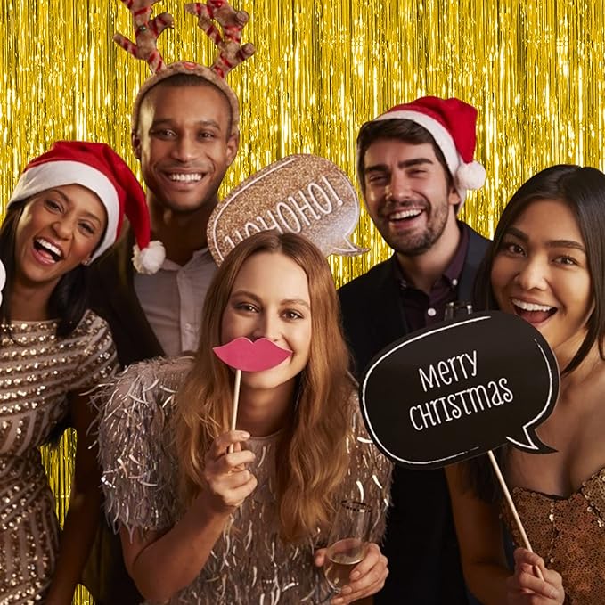 5 Pack Foil Curtain Backdrop Gold Metallic Tinsel Foil Fringe Curtains Photo Booth Props for Birthday Wedding Engagement Baby Shower Bachelorette Christmas Holiday Celebration Party Decorations